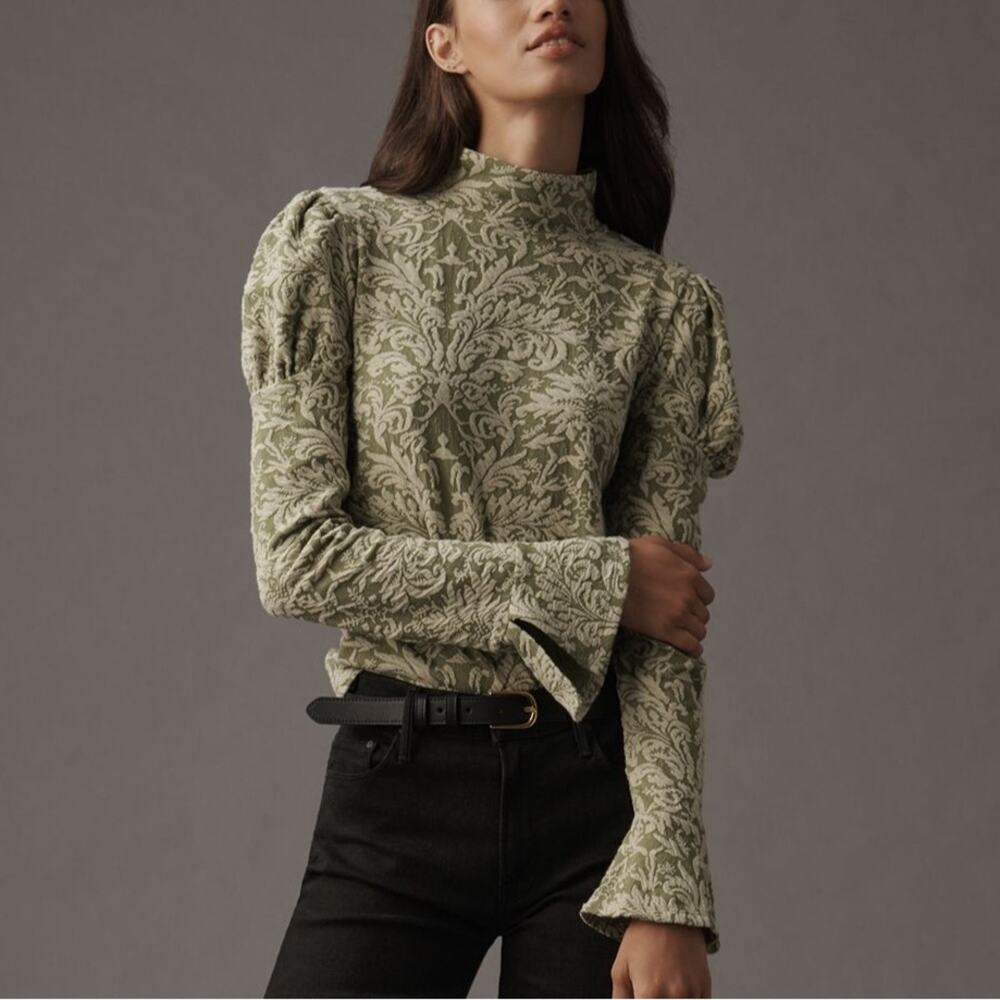 Anthropologie Puff Sleeve Turtleneck Jacquard Top Green Floral Ribbon Medium